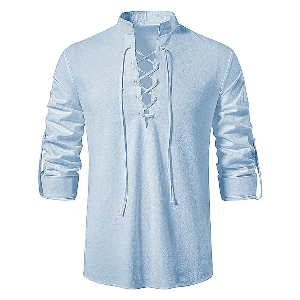 Men's cotton linen long sleeve shirt by Showlu Fashion, vintage style with slanted placket, ideal for casual spring and autumn wear.