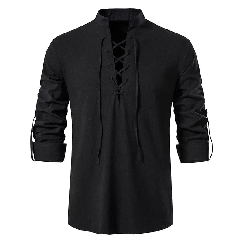 Men's cotton linen long sleeve shirt by Showlu Fashion featuring a vintage-inspired design with a slanted placket, casual style.