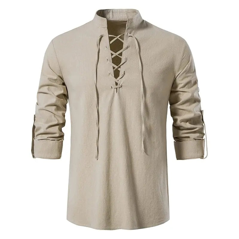 Men's cotton linen long sleeve shirt with vintage style, slanted placket, casual fit, ideal for spring and autumn wear.