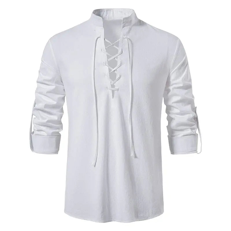 Men's cotton linen long sleeve shirt with vintage style, featuring a slanted placket, casual yoga-inspired top by Showlu Fashion.