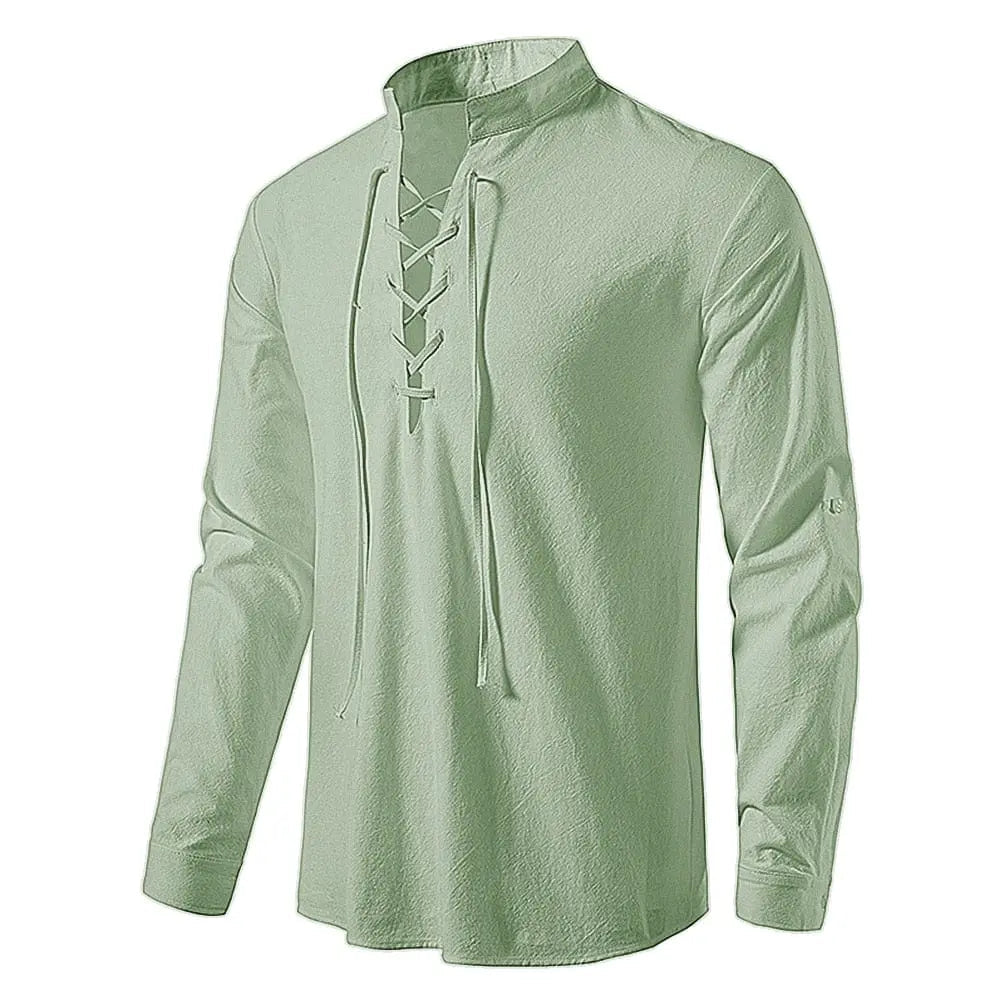 Men's cotton linen long sleeve shirt in vintage style, featuring a slanted placket and casual fit, from Showlu Fashion Store.