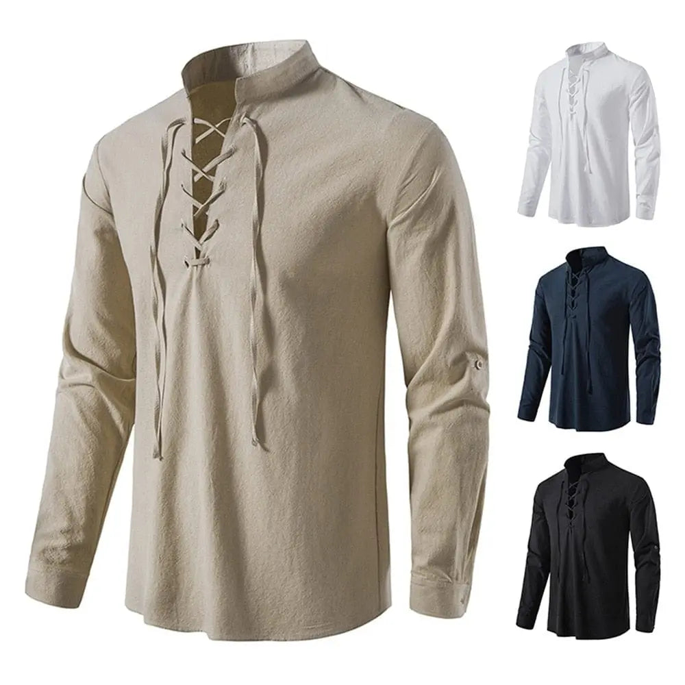 Men's cotton linen long sleeve shirt by Showlu Fashion, featuring vintage style, slanted placket, perfect for casual spring or autumn wear.