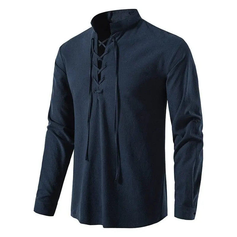 Men's cotton linen long sleeve shirt with vintage style, casual spring/autumn top featuring a slanted placket from Showlu Fashion.