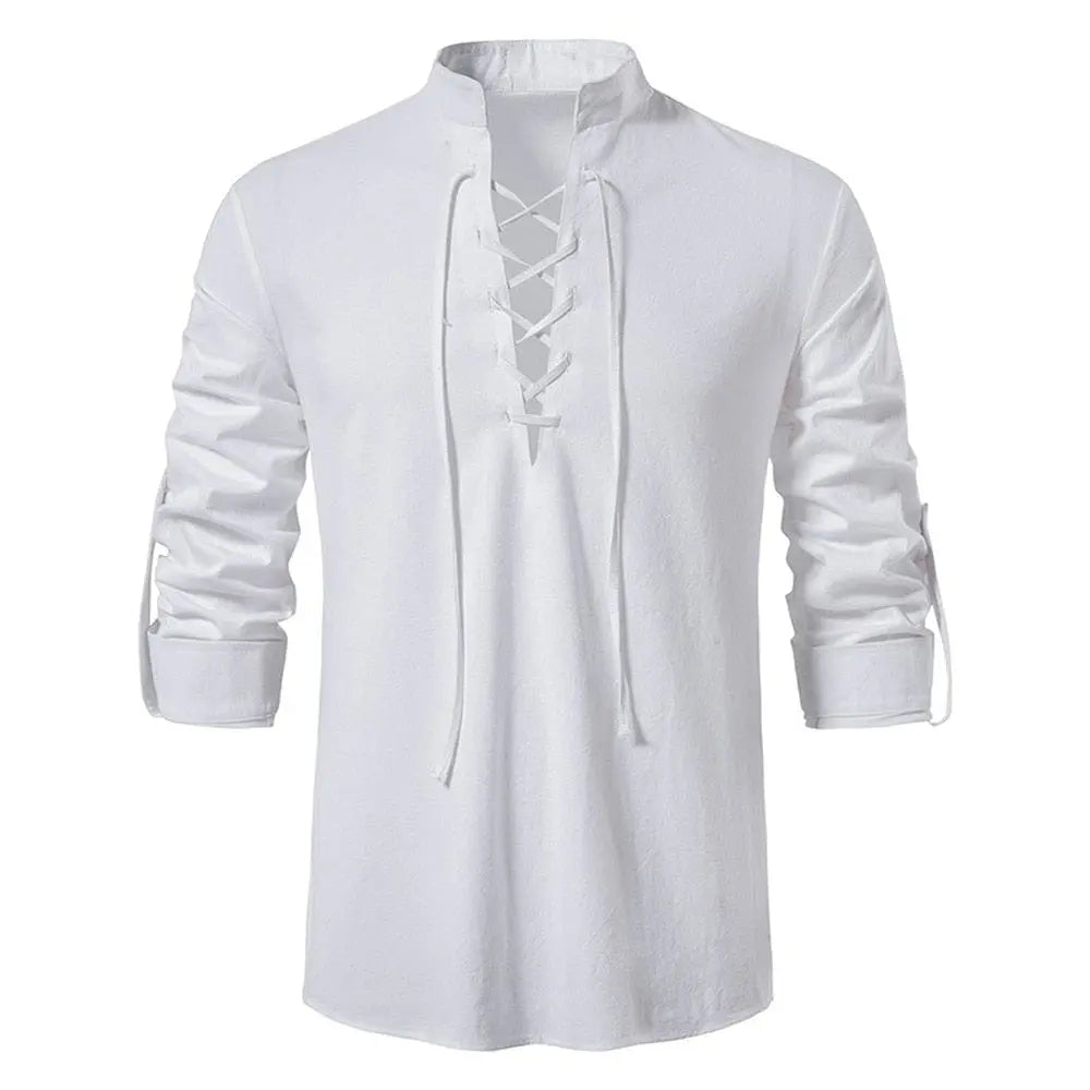 Men's vintage cotton linen long sleeve shirt with slanted placket, casual yoga-inspired top from Showlu Fashion Store.