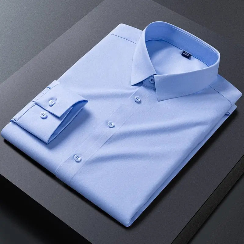 White men's slim fit stretch dress shirt with anti-wrinkle fabric, long sleeves, suitable for business and formal occasions.