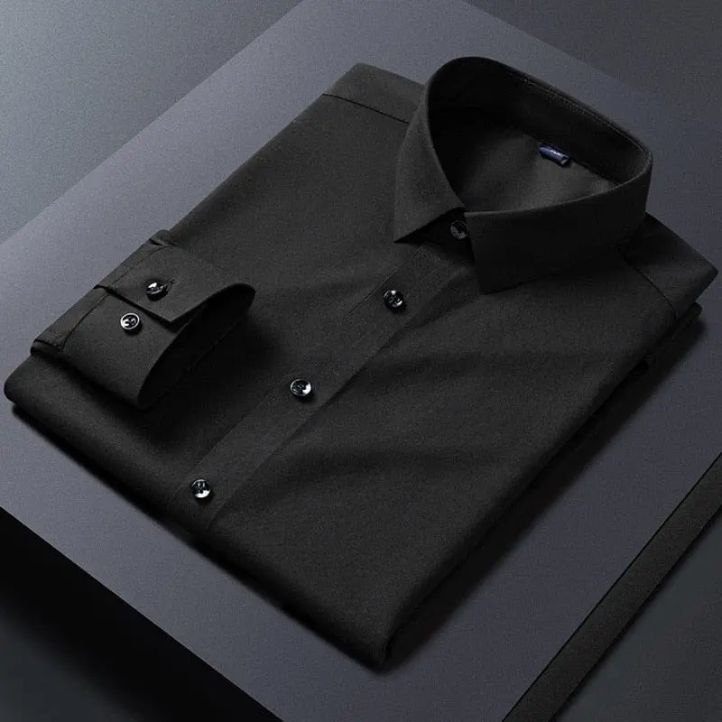 White TIEMIANNIU men's slim fit stretch dress shirt with long sleeves and anti-wrinkle fabric, ideal for business or formal wear.