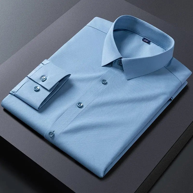White men's slim fit stretch dress shirt with anti-wrinkle fabric, long sleeves, ideal for business or social occasions.