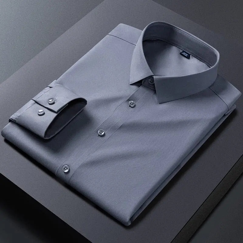 White men's slim fit stretch dress shirt with anti-wrinkle fabric, long sleeves, suitable for business and formal wear.