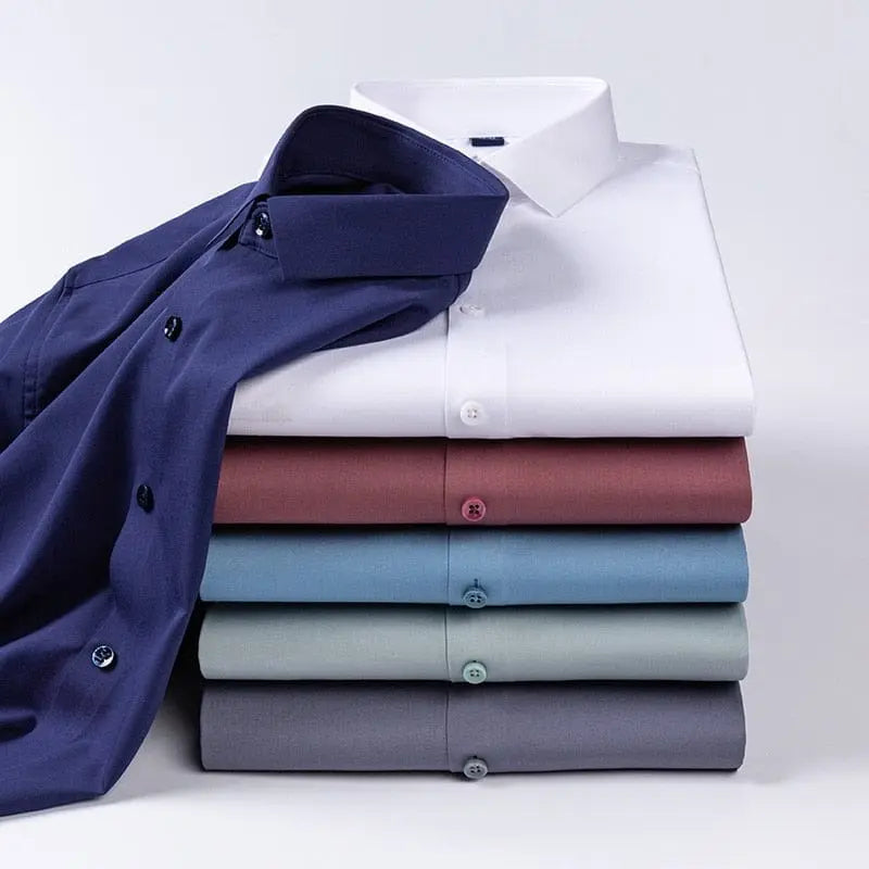 White men's slim fit stretch dress shirt with anti-wrinkle fabric, long sleeves, ideal for business or formal wear, by Showlu Fashion.