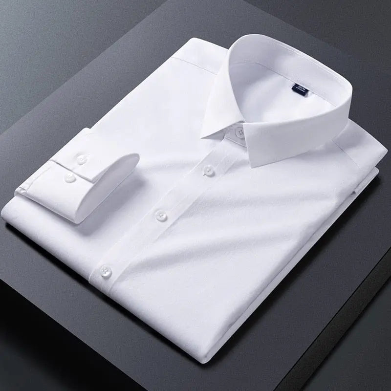 Men's slim fit stretch dress shirt in white with anti-wrinkle fabric, long sleeves, ideal for business or formal wear.