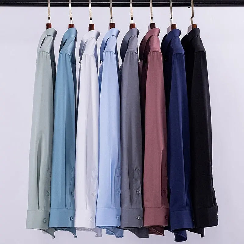 Men's slim fit stretch anti-wrinkle white dress shirt showing long sleeves, button-up front, and tailored fit from Showlu Fashion Store