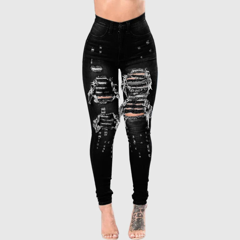 Showlu Women's high waist ripped skinny jeans in stretch denim, casual slim pencil pants with distressed details for autumn fashion.