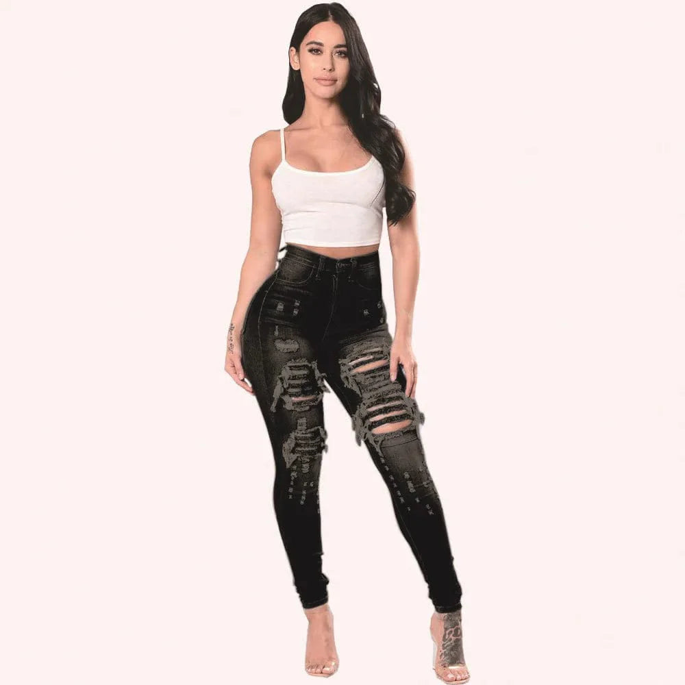 Showlu Women's high waist ripped skinny jeans in stretch denim, casual slim pencil pants, autumn 2023 fashion style.