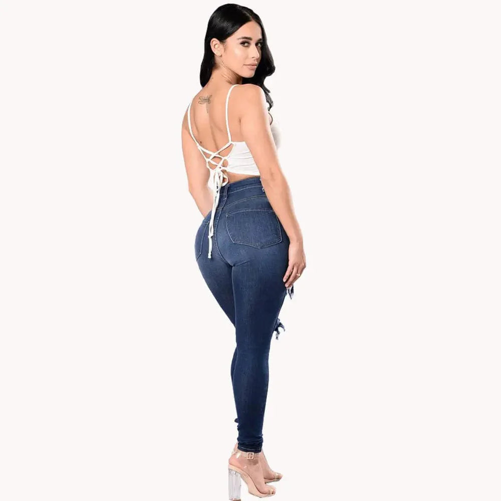 Showlu Women's high waist ripped skinny jeans in stretch denim, casual slim pencil pants with distressed details for autumn style.