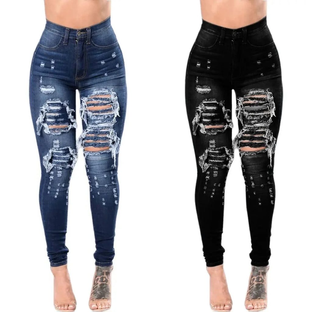 Showlu Women's high waist ripped skinny jeans in stretch denim, casual slim pencil pants with distressed details for autumn style.