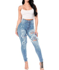 Showlu Women's high waist ripped skinny jeans in stretch denim, casual slim pencil pants with distressed details for autumn style.