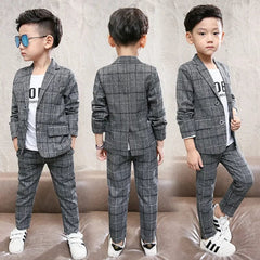 2023 Autumn winter Baby Boys Clothes Set Plaid Gentleman Top jacket + Pants Outfits Suit Teenager 4 5 6 7 8 9 10 11 12 year - SHOWLU FASHION STORE