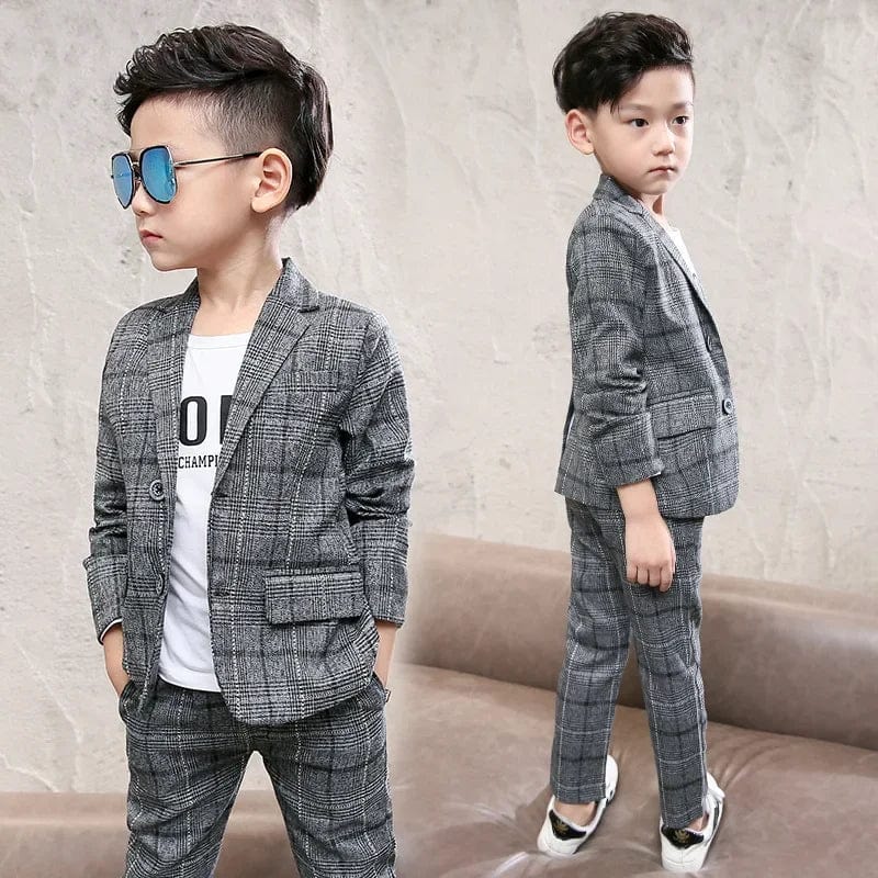 2023 Autumn winter Baby Boys Clothes Set Plaid Gentleman Top jacket + Pants Outfits Suit Teenager 4 5 6 7 8 9 10 11 12 year - SHOWLU FASHION STORE