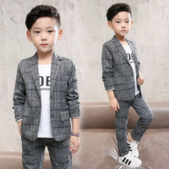 2023 Autumn winter Baby Boys Clothes Set Plaid Gentleman Top jacket + Pants Outfits Suit Teenager 4 5 6 7 8 9 10 11 12 year - SHOWLU FASHION STORE