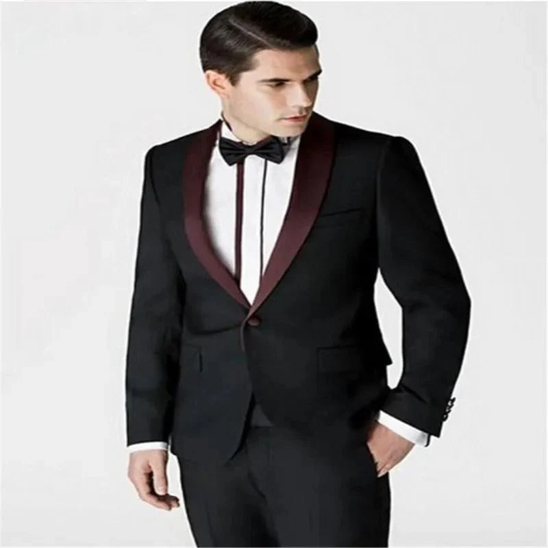 Burgundy red slim fit 2-piece men's tuxedo suit with jacket and pants, cotton fabric, suitable for formal occasions and weddings.