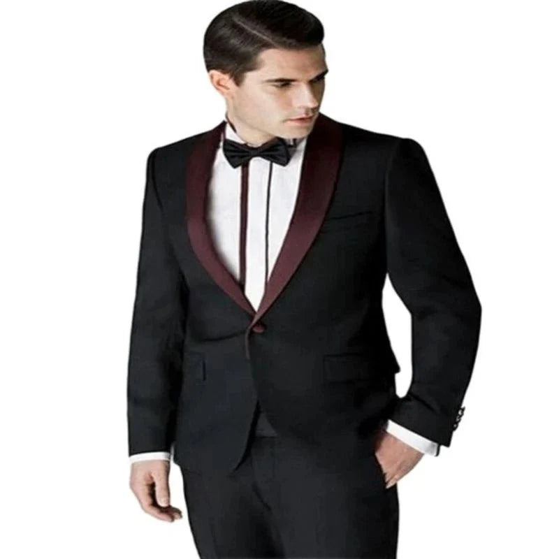 Burgundy red men's slim fit 2-piece tuxedo suit with jacket and pants, suitable for formal occasions and weddings.