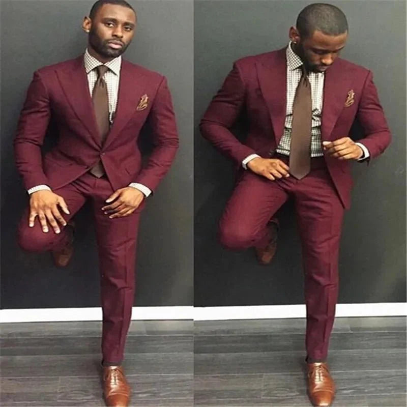 Burgundy red slim fit men's tuxedo suit with jacket and pants, formal 2-piece cotton wedding tuxedo for men.