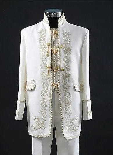 White embroidery men's 3-piece wedding suit by SHOWLU FASHION STORE, featuring slim fit tuxedo jacket, pants, and vest for grooms.