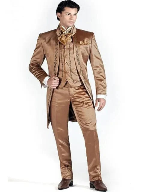 White embroidery men's 3-piece wedding suit set featuring slim fit tuxedo jacket, pants, and vest for grooms and formal occasions