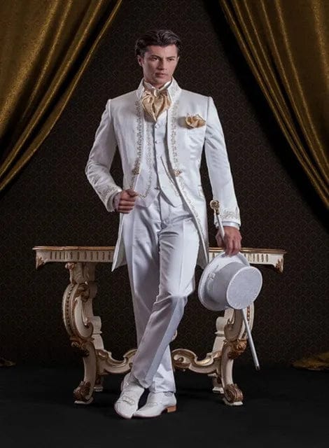 White embroidery men's 3-piece wedding suit set with slim fit tuxedo jacket, pants, and vest for grooms and formal occasions