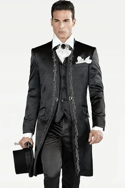 White embroidery men's 3-piece wedding suit with slim fit tuxedo jacket, pants, and vest, suitable for grooms and formal occasions.