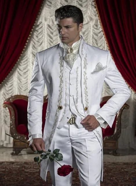 White embroidery men's 3-piece wedding suit by SHOWLU FASHION STORE featuring a slim fit tuxedo with jacket, pants, and vest.