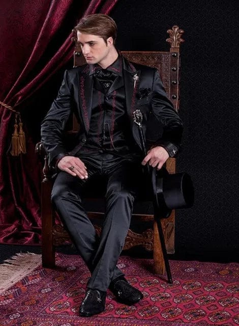 White embroidery men's 3-piece wedding suit set with slim fit tuxedo jacket, pants, and vest, ideal for grooms and formal occasions.