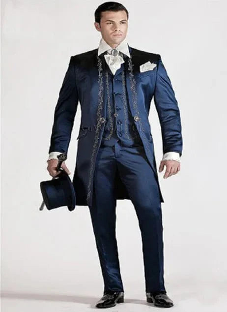 White embroidery men's 3-piece wedding suit with slim fit tuxedo, jacket, pants, and vest, perfect for grooms and formal occasions.