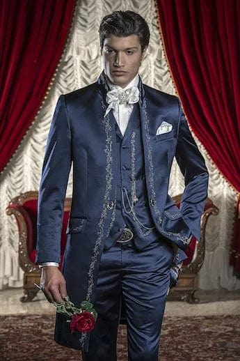 SHOWLU men's 3-piece wedding suit with white embroidery, slim fit tuxedo jacket, pants, and vest, perfect for grooms and formal events.