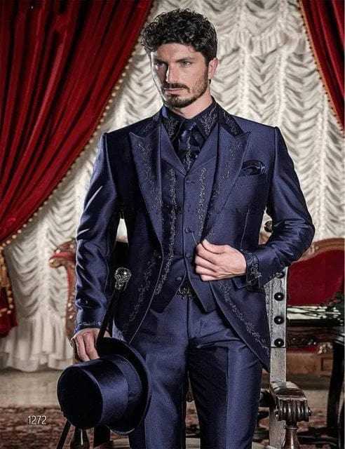 White embroidery men's 3-piece wedding suit by SHOWLU FASHION STORE, featuring slim fit tuxedo jacket, pants, and vest for grooms and formal events.