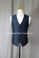 2023 Fashion Casual Custom Made Groom Tuxedo Navy Blue Peak Lapel Wedding/Prom Best Man Suits Bridegroom (Jacket+Pants+Vest) - SHOWLU FASHION STORE
