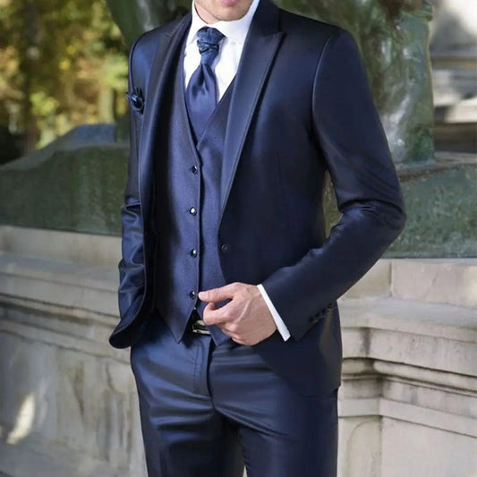 2023 Fashion Casual Custom Made Groom Tuxedo Navy Blue Peak Lapel Wedding/Prom Best Man Suits Bridegroom (Jacket+Pants+Vest) - SHOWLU FASHION STORE