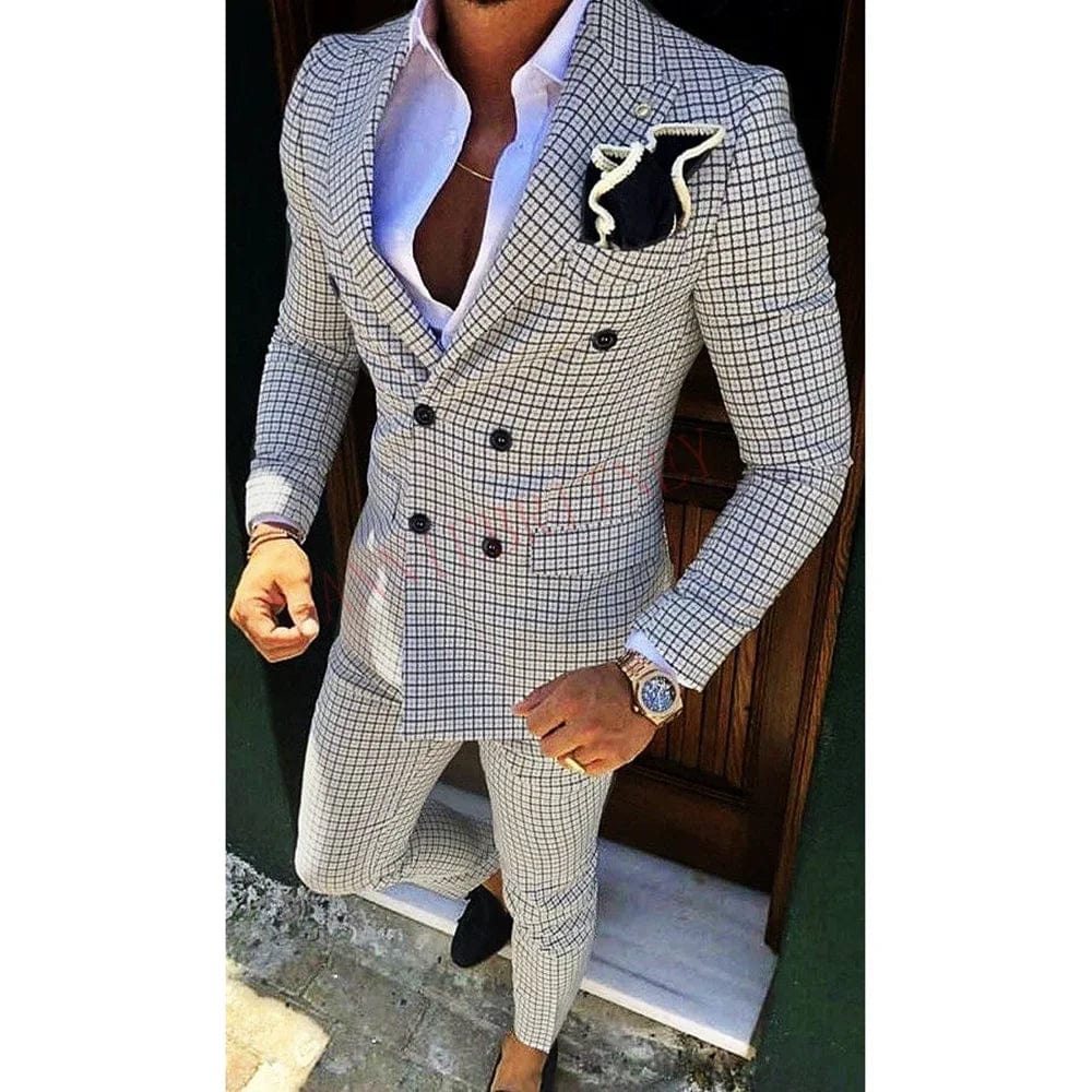 2023 Fashion Lattice Men's Suit Slim Fit Prom Wedding Suits for Men Groom Tuxedo Jacket Pants Set Custom Casual Formal 2 Piece - SHOWLU FASHION STORE