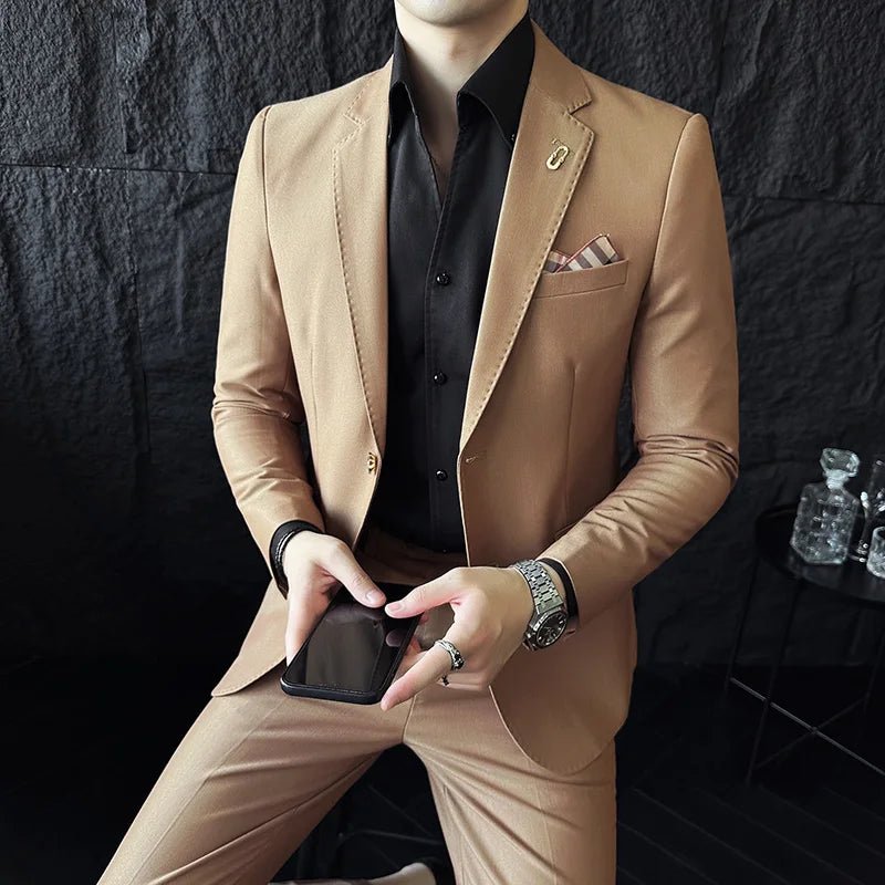 2023 Fashion New Men Boutique Solid Color Business Slim High Quality Dress Blazers Jacket Suit Coat Pants Trousers 2 Pcs Set - SHOWLU FASHION STORE