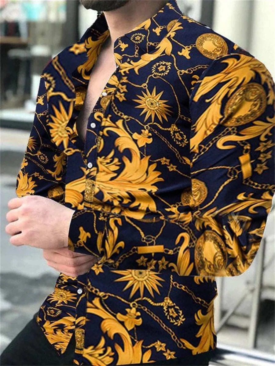 SHOWLU FASHION men's silk blend printed casual long-sleeved shirt with white color, button front, lapel collar, stylish and high-quality.
