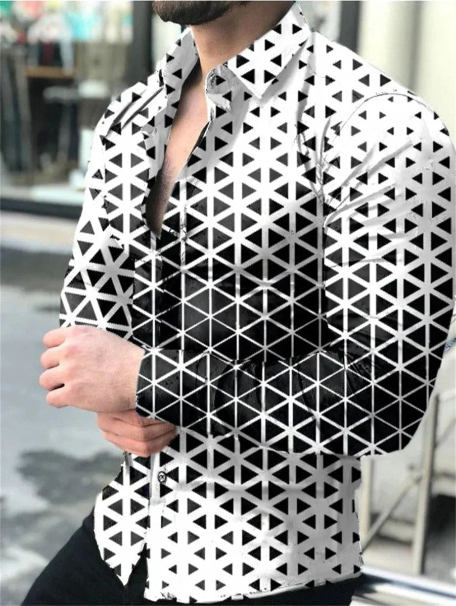 SHOWLU FASHION men's silk blend printed long-sleeved casual shirt with button closure and lapel in white fabric.