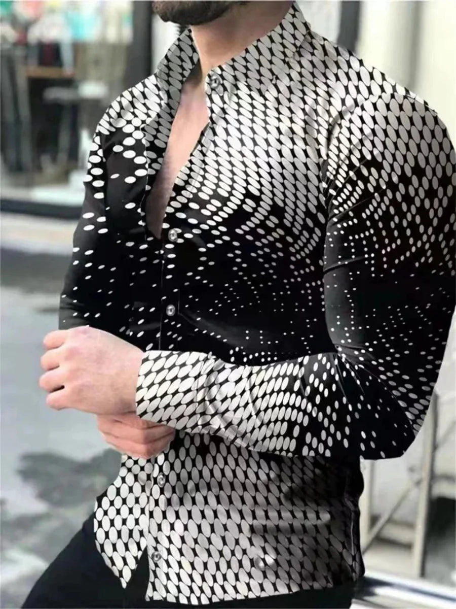 Men's silk blend printed long-sleeved casual shirt by SHOWLU FASHION, featuring a button-down design and white color.