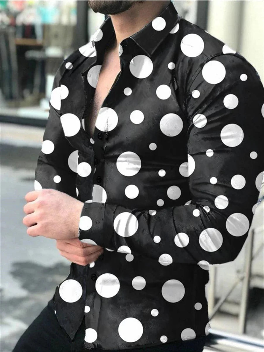 Men's silk blend printed casual long-sleeved shirt with lapel from SHOWLU FASHION, featuring a stylish design and white color.