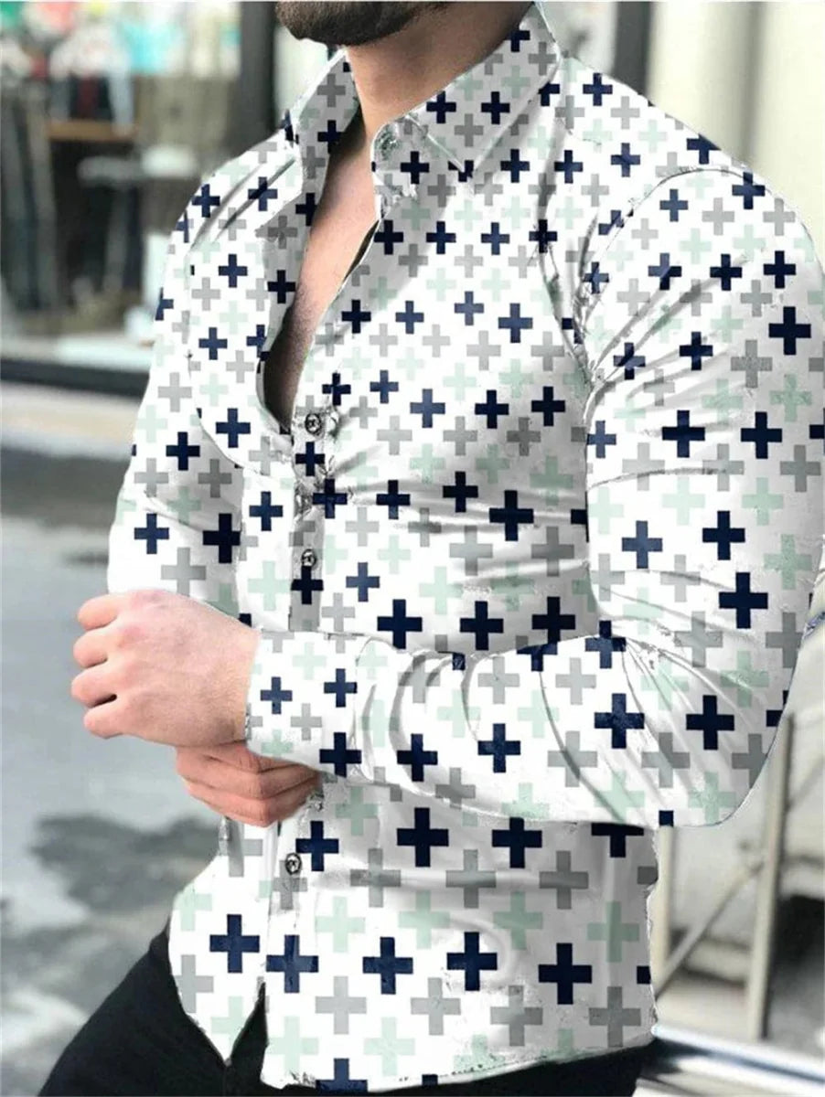 Men's silk blend printed casual long-sleeved shirt from SHOWLU FASHION with a button-up design and lapel collar.