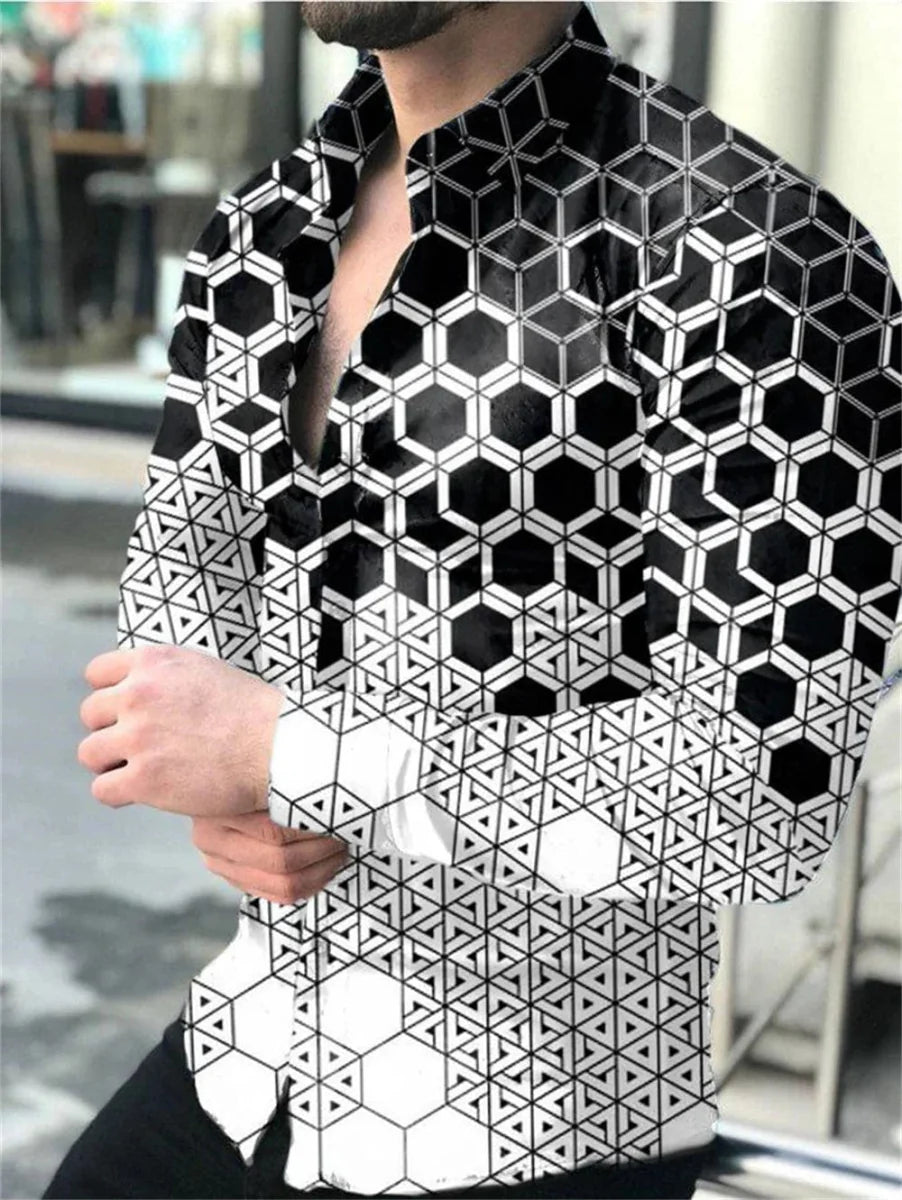 SHOWLU FASHION men's silk blend printed long-sleeved casual shirt with button front and lapel, in white with stylish design.