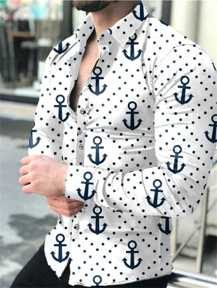 Men's SHOWLU FASHION silk blend printed casual long-sleeved shirt with button closure and lapel collar, white color, high-quality fabric.