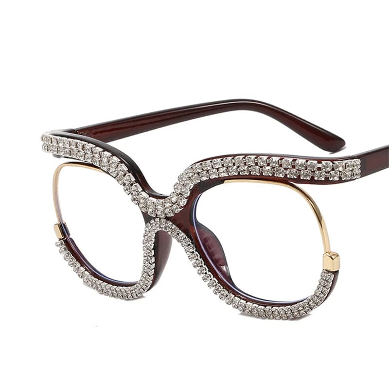 Showlu Women's oversized round crystal frame glasses with anti-blue light lenses, vintage retro style for eye protection and fashion.