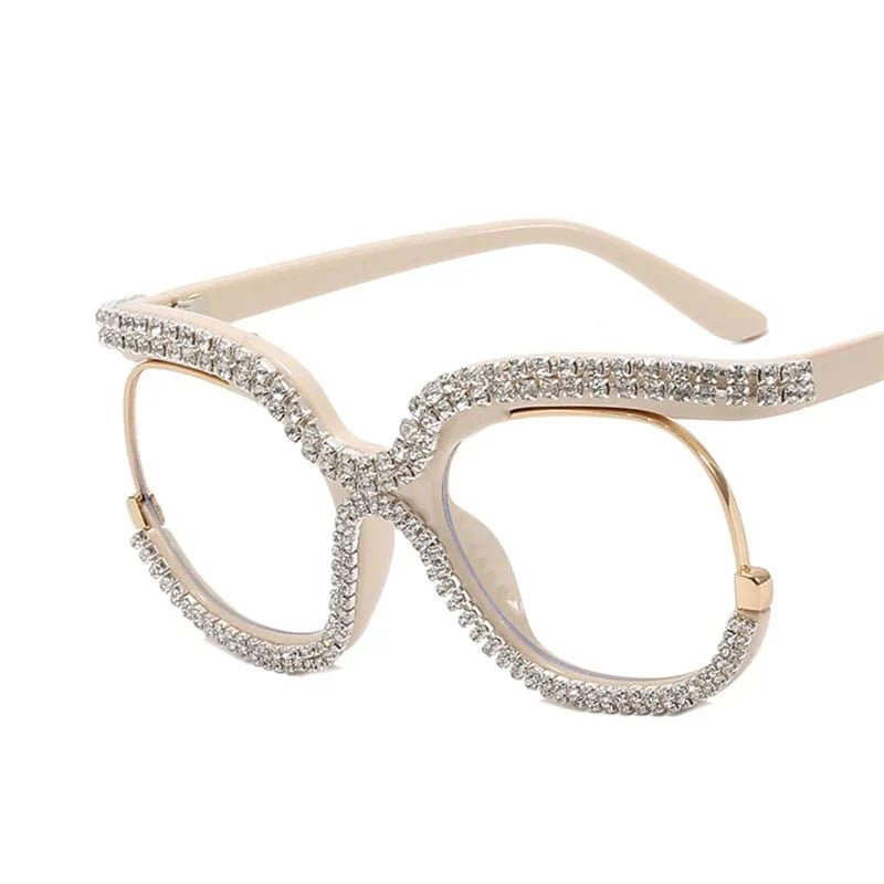 Showlu Women's Oversized Round Crystal Frame Anti-Blue Light Glasses with rainbow accents and vintage retro style, designed for eye protection.