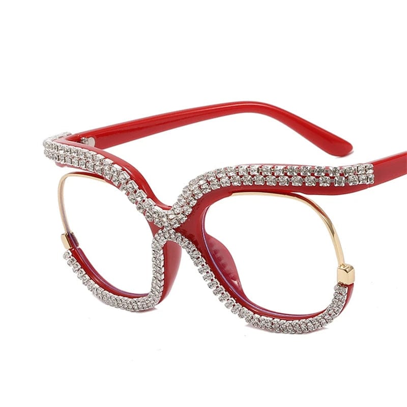 Showlu Women's oversized round crystal frame anti-blue light glasses with rainbow accents, vintage style, fashionable protective eyewear.