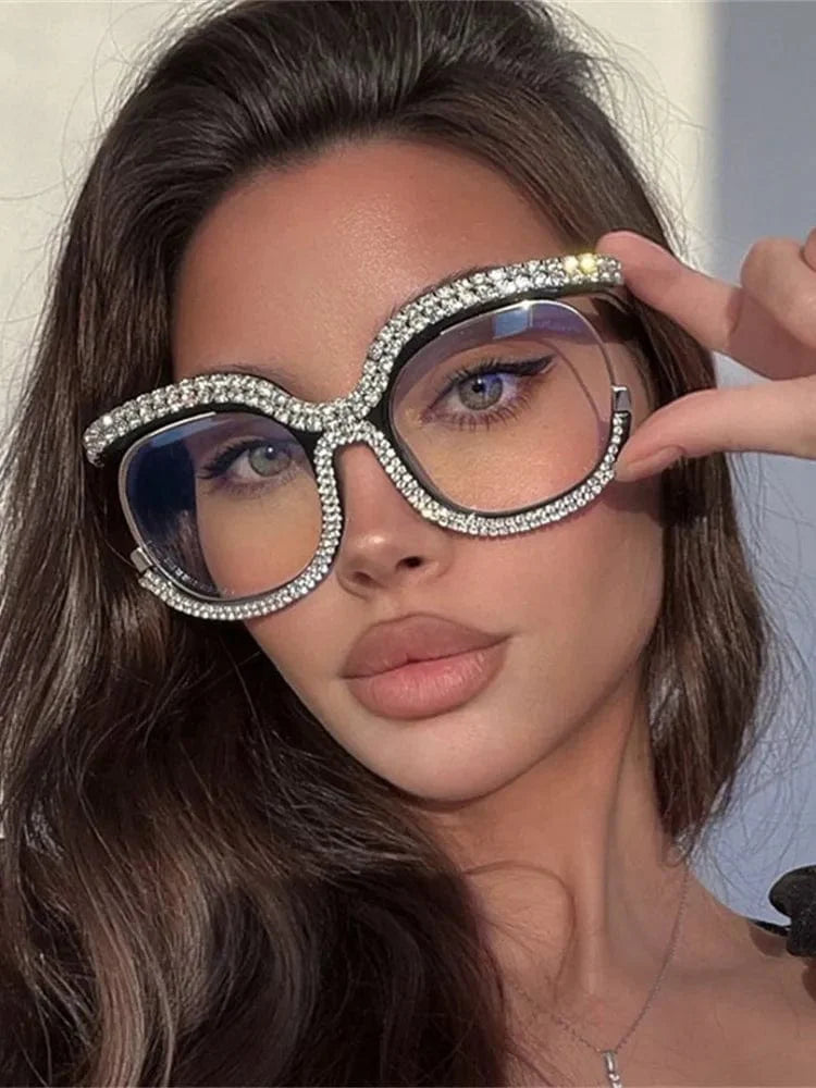 Showlu Women's oversized round crystal frame anti-blue light glasses with rainbow accents, vintage style, fashionable eye accessories.